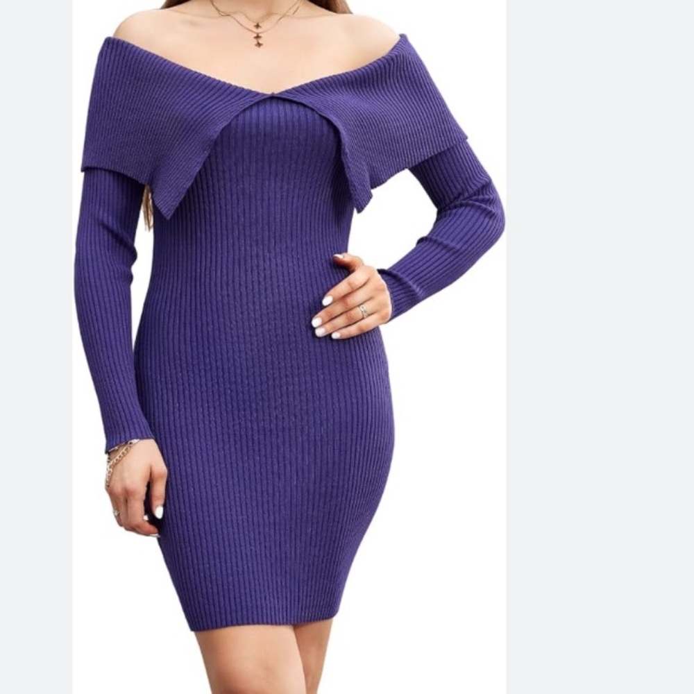 NWT IFUROL purple off shoulder ribbed knit bodycon long sleeve mini dress size M